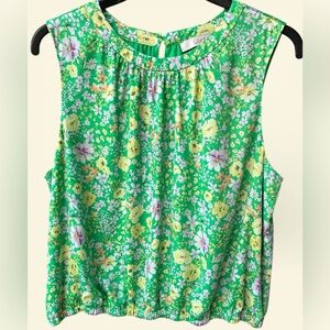 LOFT Green Floral Blouse XL Yellow White Lavender Print Keyhole Back